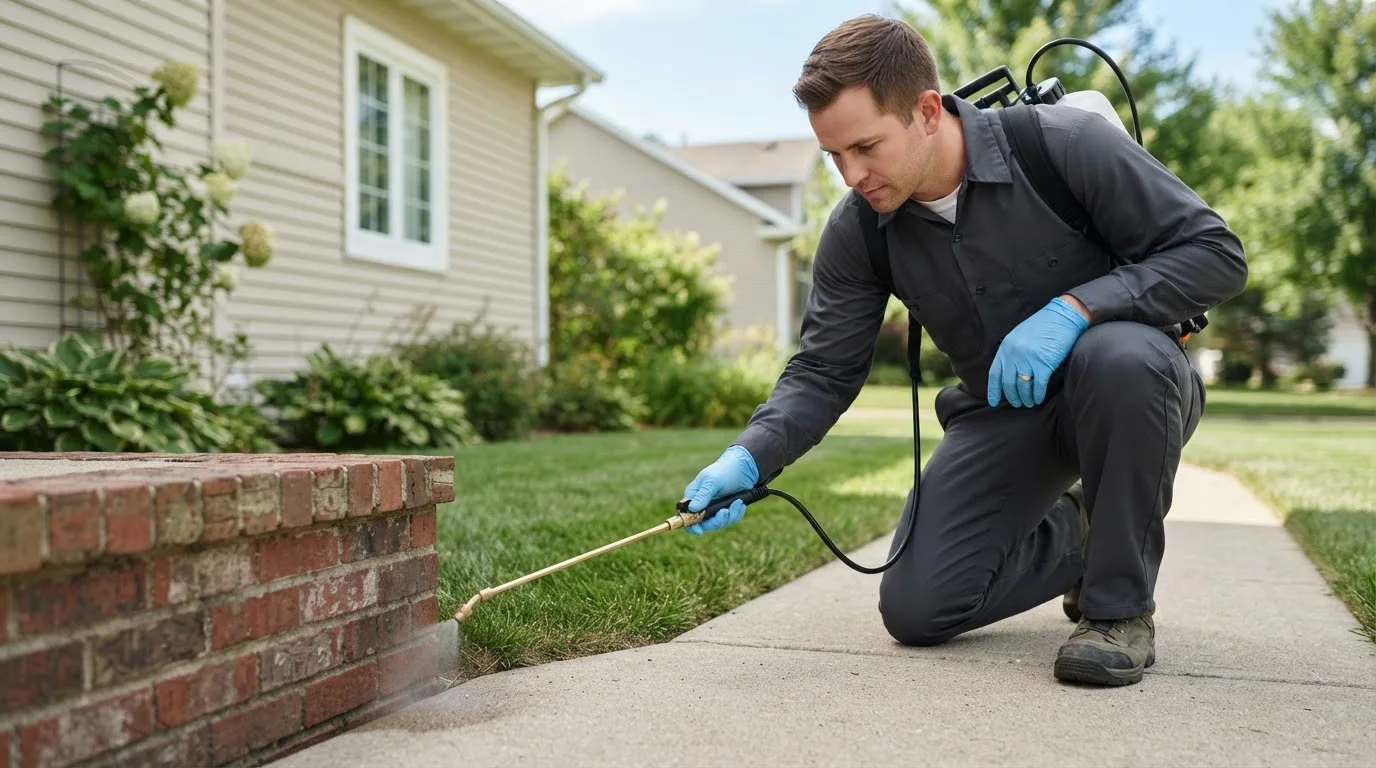 Pest control technician treating a home near Waterloo, OH